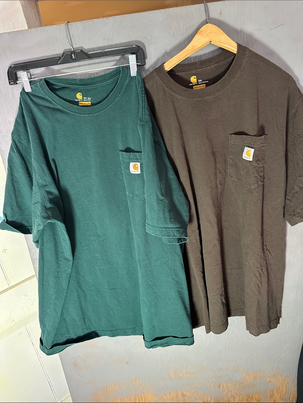 For both Carhartt Men’s Pocket T-Shirts in Forest Green and Dark Brown